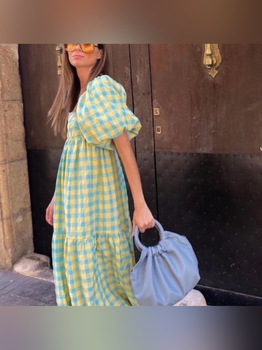 Zara Blue Yellow Gingham Plaid Seersucker Midi Maxi Dress XS - Picture 4 of 16